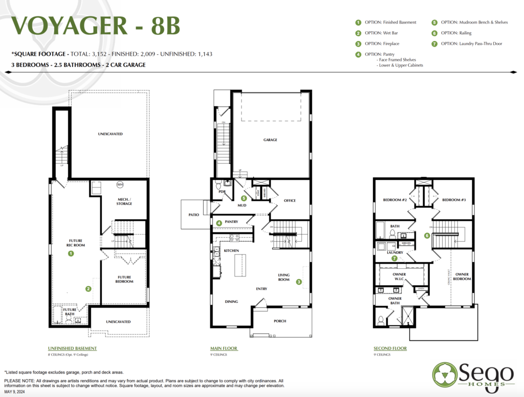 Floor plan of a two-story house, labeled Voyager - 8B in Cascade Village, showcasing a detailed layout and optional features.